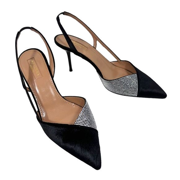 AQUAZZURA Salome Black Velvet & Crystal Slingback 3" Heel Size 37 - Picture 2 of 8